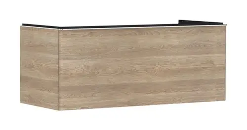 Waschtischunterschrank in Holzoptik von Hansgrohe, mit glatter Oberfläche und einem Schubkasten, geeignet für die Montage mit einem Aufsatzwaschtisch.